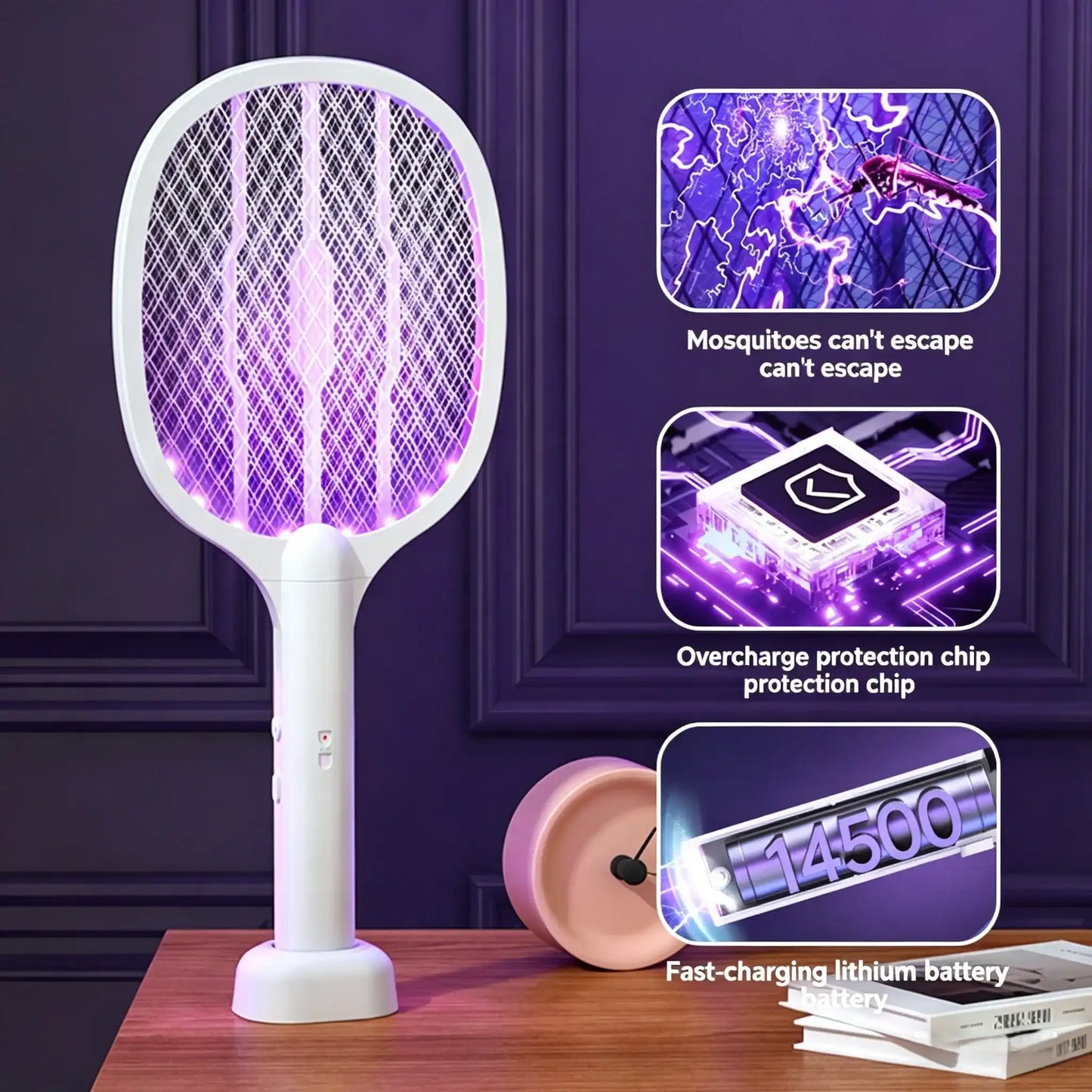 3000V Electric Fly Swatter Racket, Smart Bug Zapper with USB Rechargeable Base, Powerful Mosquitoes Trap Lamp & Fly Killer with 3-Layer Safety Mesh for Home, Bedroom, Kitchen, Patio