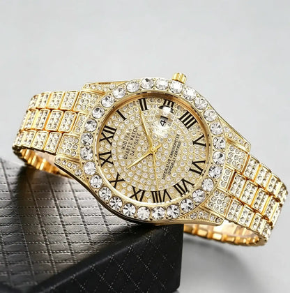 Icedoutwatch Hiphop Rhinestone Diamond Watch 10 inches Cuban Chain Rapper Metal Band Plated Luxury Roman Numerals Timepiece Premium Trendy