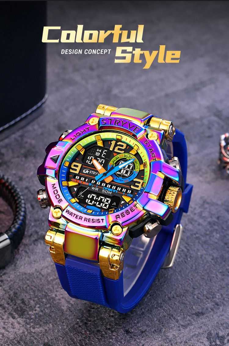 Men's Colorful Punk Style Quartz Watch – Luxury Edition. Multi-Functional Waterproof Dual Display Wristwatch, a Trendy yet Elegant Sport Watch. Presented in a Premium Gift Box – A Statement Piece for the Discerning Individual.
