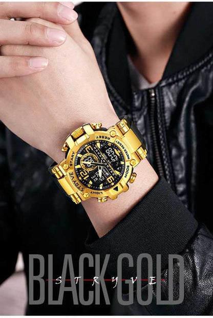 Men's Black Gold Punk Style Quartz Watch – Luxury Edition. Multi-Functional Waterproof Dual Display Wristwatch, a Trendy yet Elegant Sport Watch. Presented in a Premium Gift Box – A Statement Piece for the Discerning Individual.