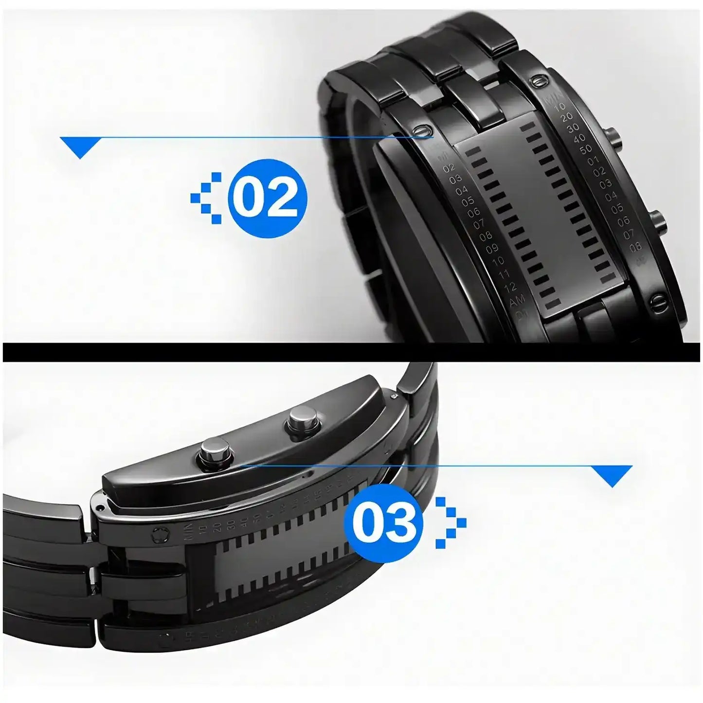 Men's Cool Binary Watch Stainless Steel LED Bracelet Watch Stylish Blue Light Sport Watch Vacuum plated black
