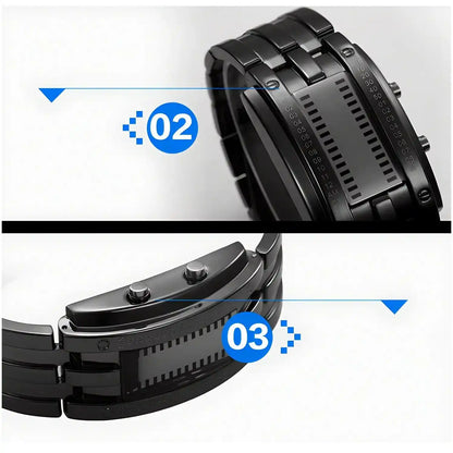 Men's Cool Binary Watch Stainless Steel LED Bracelet Watch Stylish Blue Light Sport Watch Vacuum plated black