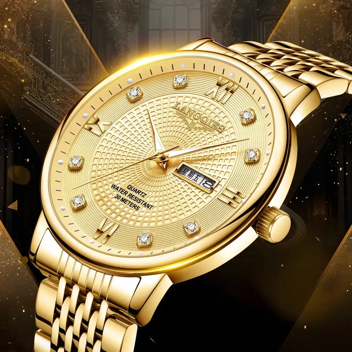 Elegant Multi-Function Men's Watch with Original Swiss Movement, featuring Dual Calendar, 42mm Dial, Sapphire Crystal, Stainless Steel Band, and Luminous Water-Resistant Design.
