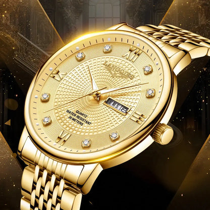 Elegant Multi-Function Men's Watch with Original Swiss Movement, featuring Dual Calendar, 42mm Dial, Sapphire Crystal, Stainless Steel Band, and Luminous Water-Resistant Design.