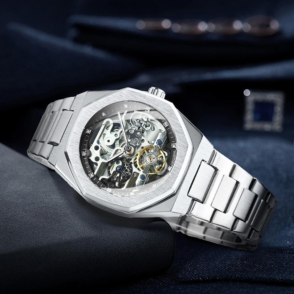 Men's Classic Business Rhinestone Decorated Analog Mechanical Watch, Fashion Watches for Men, Luminous Hands Watch for Party, Daily Clothing Decor, Watch for Birthday Gift with Box, Stainless Steel Wristwatch