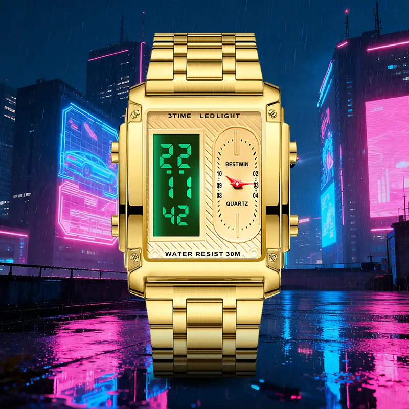 Men's square creative dual-movement multifunctional sports watch, featuring a luxurious triple-time design, water resistance, luminous dial, Exuding a minimalist aesthetic, it is elegant, durable, and the perfect choice for everyday wear. digital quart
