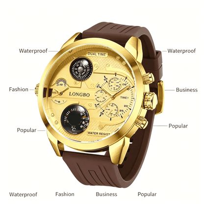 Men's Multifunctional Oversized Watch, Fashion Chronograph with Dual Time Zone, Compass & Thermometer, Trendy All-match Casual Watch for Outdoor Adventure & Birthday Gift for Him outdoorfun