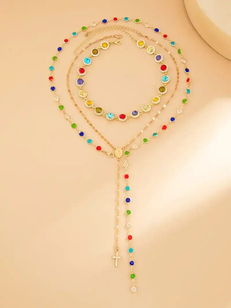 Women's Boho Style Alloy Chain Necklace Set, Boho Chic Crystal, Colorful Crystal Pendant Jewelry for Women, Casual Daily Wear & Holiday Gift Ideas