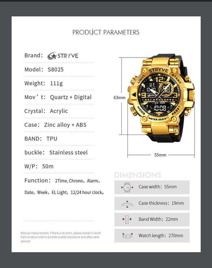 Men's Black Gold Punk Style Quartz Watch – Luxury Edition. Multi-Functional Waterproof Dual Display Wristwatch, a Trendy yet Elegant Sport Watch. Presented in a Premium Gift Box – A Statement Piece for the Discerning Individual.