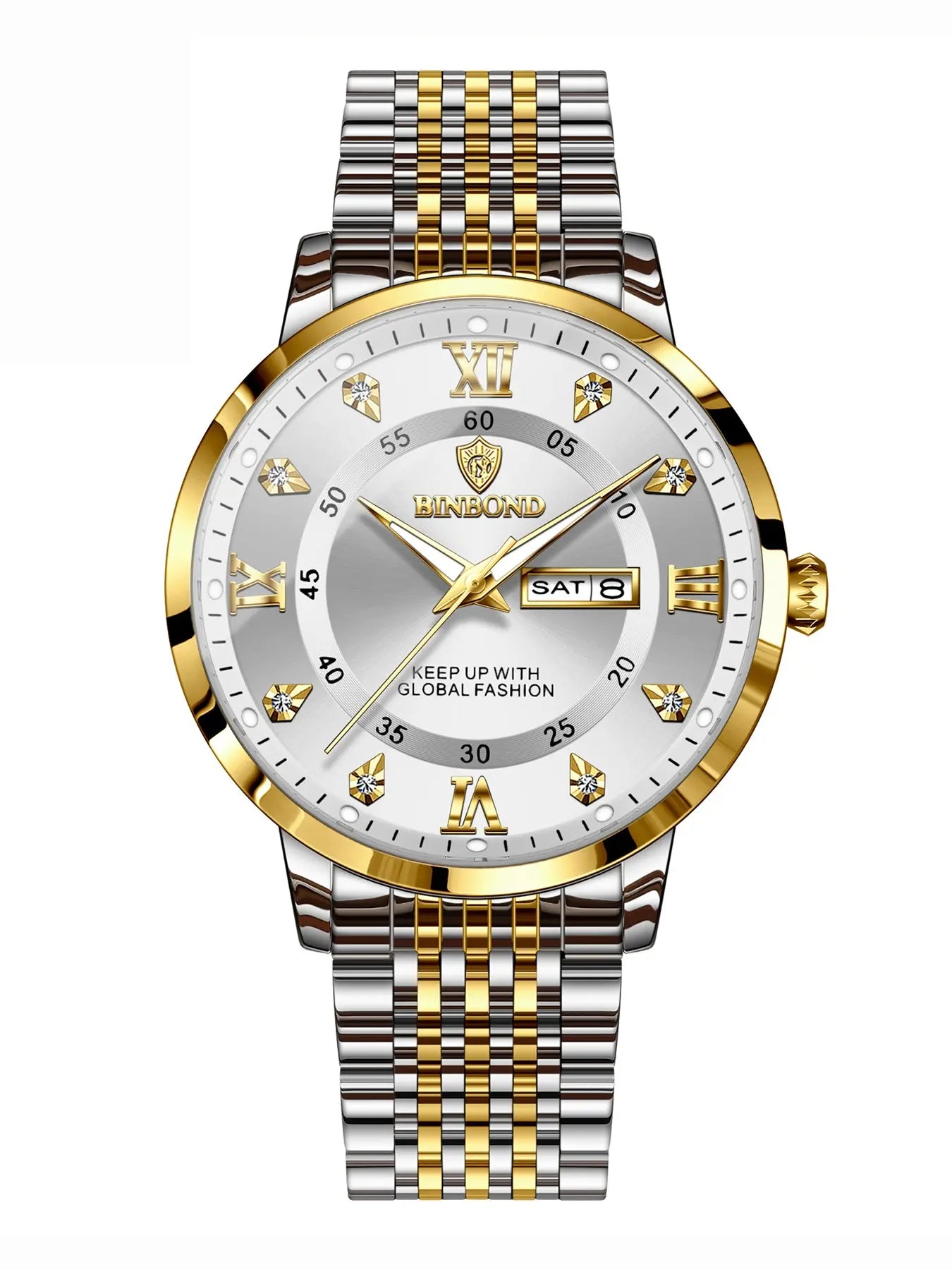 Binbond Waterproof Luminous Men's Watch, Automatic Self-Wind Quartz Wristwatch, Calendar Date Week Display, Trendy Fashion Timepiece