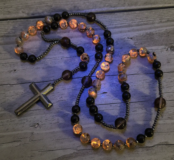 Natural Obsidian Yooperlite Rosary Necklace UV Reactive Protection Necklace Hematite Stone Cross Pendant Necklace Gift for her, gift for him