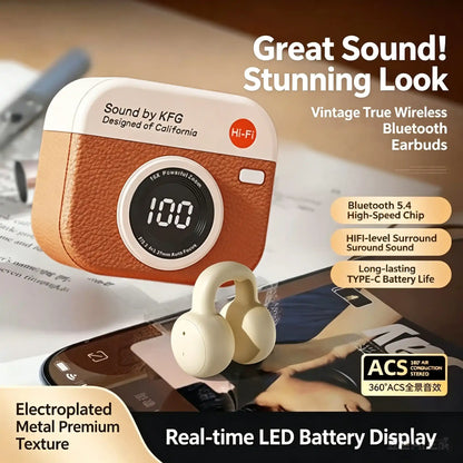 Retro Brown Soft Silicone Clip-On Wireless Earphones, Power Display, 99H Battery IP68 Waterproof, 8-Level ANC BT5.4 Directional Sound, Hi-Fi 4K Stereo 360° Panoramic Audio, Dual Driver Denoise, Ultra-Low Latency, Sports & All Phones Compatible
