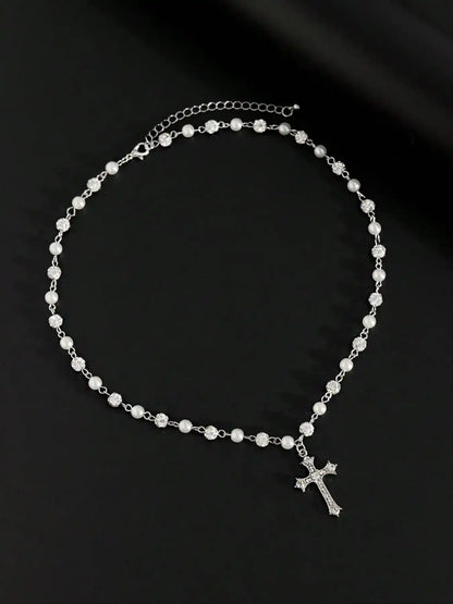 Vintage-Style Faux Pearl Necklace with Rhinestone Cross Pendant, Men's Hip Hop Punk Jewelry, Bling Faux Pearl Chain Necklace