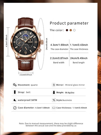 Men's Business Fashion Round Dial Analog Quartz Watch, Summer 2024 Casual Pu Leather Strap Watch, Perfect Gift for Men, with Box