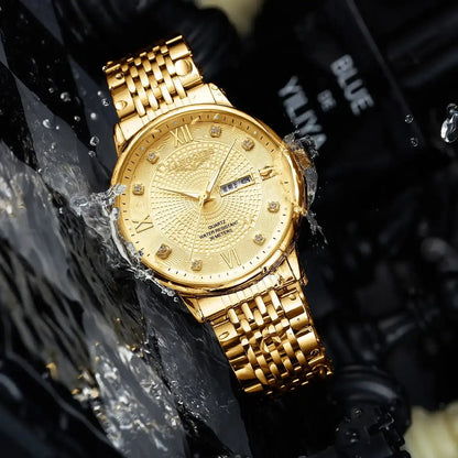 Elegant Multi-Function Men's Watch with Original Swiss Movement, featuring Dual Calendar, 42mm Dial, Sapphire Crystal, Stainless Steel Band, and Luminous Water-Resistant Design.