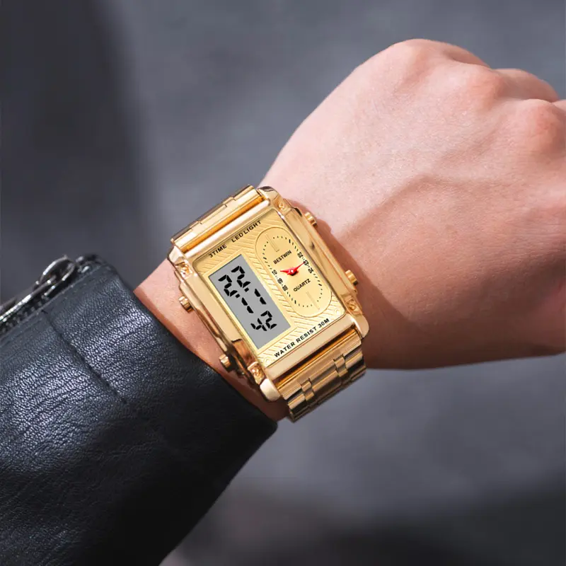 Men's square creative dual-movement multifunctional sports watch, featuring a luxurious triple-time design, water resistance, luminous dial, Exuding a minimalist aesthetic, it is elegant, durable, and the perfect choice for everyday wear. digital quart