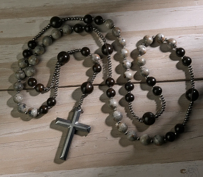 Natural Obsidian Yooperlite Rosary Necklace UV Reactive Protection Necklace Hematite Stone Cross Pendant Necklace Gift for her, gift for him