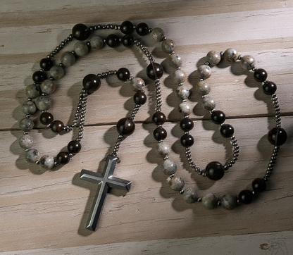 Natural Obsidian Yooperlite Rosary Necklace UV Reactive Protection Necklace Hematite Stone Cross Pendant Necklace Gift for her, gift for him