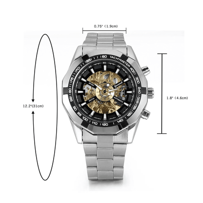 Men's Skeleton Automatic Mechanical Watch – Business & High-End Edition. Stainless Steel Band, Waterproof, Gold-Tone Dial, Self-Winding Analog Watch for Daily Wear. A Refined Gift for Him.