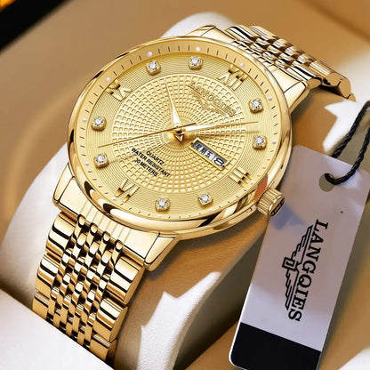 Elegant Multi-Function Men's Watch with Original Swiss Movement, featuring Dual Calendar, 42mm Dial, Sapphire Crystal, Stainless Steel Band, and Luminous Water-Resistant Design.