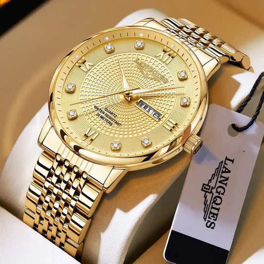 Elegant Multi-Function Men's Watch with Original Swiss Movement, featuring Dual Calendar, 42mm Dial, Sapphire Crystal, Stainless Steel Band, and Luminous Water-Resistant Design.