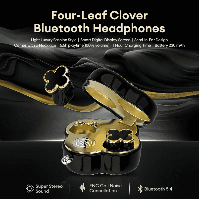 Four-Leaf Clover Wireless Earbuds with Bluetooth 5.4, Stable Connection, ENC Call Noise Cancellation, Super Stereo Sound, Luxury Retro Jewelry-Style Design for Women, Elegant Charging Case, Compatible with Android & iOS, Ideal Gift for Girls