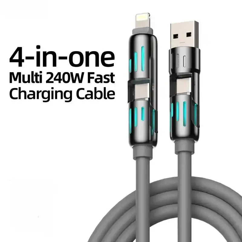 240W 4-in-1 USB-C Cable, PD Fast Charging, Data Sync, USB-A, Type-C, Lightning, Aluminum, Compatible with Samsung, TECNO, Infinix, Itel, HMD Nokia, Apple (iPhone/iPad), Xiaomi, Laptops