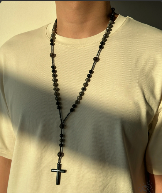 Natural Obsidian Yooperlite Rosary Necklace UV Reactive Protection Necklace Hematite Stone Cross Pendant Necklace Gift for her, gift for him
