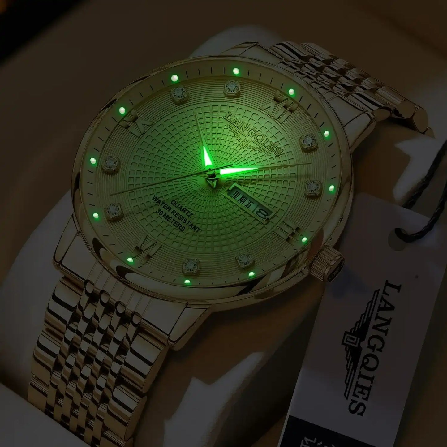 Elegant Multi-Function Men's Watch with Original Swiss Movement, featuring Dual Calendar, 42mm Dial, Sapphire Crystal, Stainless Steel Band, and Luminous Water-Resistant Design.