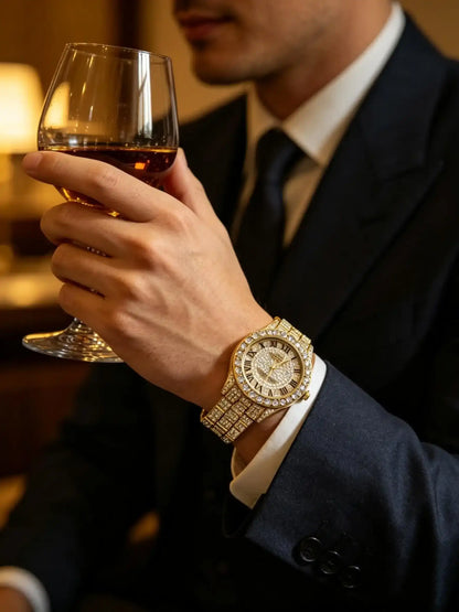 Icedoutwatch Hiphop Rhinestone Diamond Watch 10 inches Cuban Chain Rapper Metal Band Plated Luxury Roman Numerals Timepiece Premium Trendy