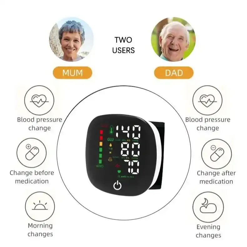Wrist Blood Pressure Monitor, Rechargeable Digital BP Machine with Heart Rate Detection, LCD Backlit Display, Voice Broadcast, Adjustable Cuff, 99 Reading Memory for 2 Users with Carrying Case – Perfect Wearable Gift for Family and Friends