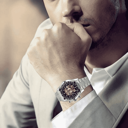 Men's Skeleton Automatic Mechanical Watch – Business & High-End Edition. Stainless Steel Band, Waterproof, Gold-Tone Dial, Self-Winding Analog Watch for Daily Wear. A Refined Gift for Him.