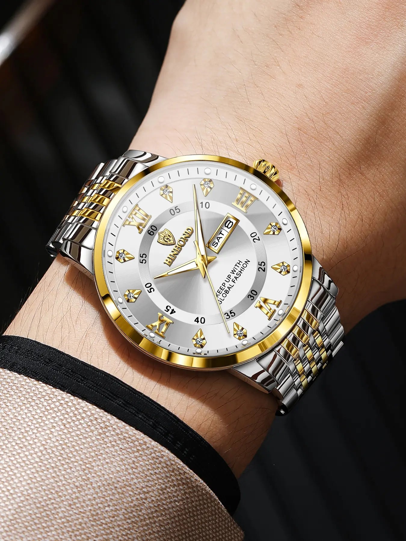 Binbond Waterproof Luminous Men's Watch, Automatic Self-Wind Quartz Wristwatch, Calendar Date Week Display, Trendy Fashion Timepiece