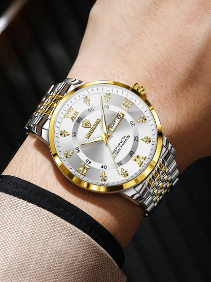 Binbond Waterproof Luminous Men's Watch, Automatic Self-Wind Quartz Wristwatch, Calendar Date Week Display, Trendy Fashion Timepiece