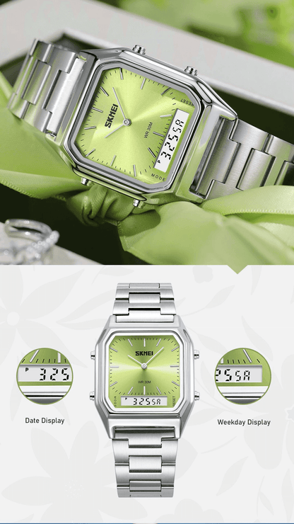 Men's Square Dial Casual Trendy Wristwatch - Stainless Steel Strap, 3ATM Water Resistant Watch, Dual Movement, Luminous Display, Calendar, Stopwatch, Alarm, Multi Time Zone, Men's Accessories