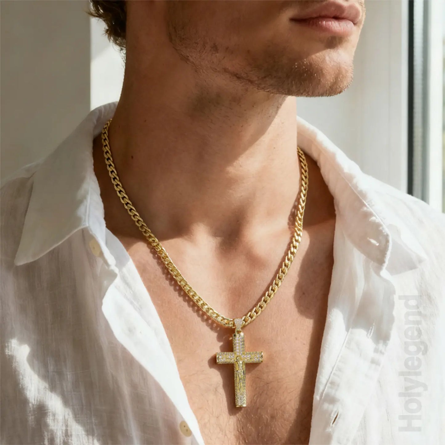 Holylegend 14k Real Gold-Plated Cuban , Figaro, Miami Cross with Jesus Christ Crucifix,24 inches Long and 6mm Wide,Handcrafted Polishing and Multiple Electroplating Daily Wear Necklace