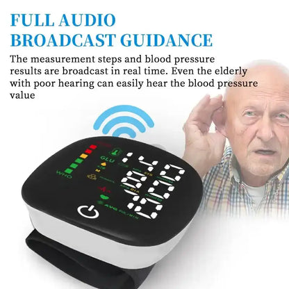Wrist Blood Pressure Monitor, Rechargeable Digital BP Machine with Heart Rate Detection, LCD Backlit Display, Voice Broadcast, Adjustable Cuff, 99 Reading Memory for 2 Users with Carrying Case – Perfect Wearable Gift for Family and Friends