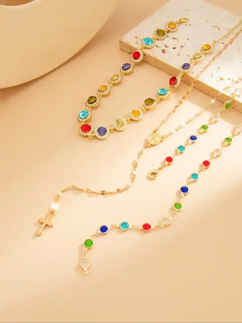 Women's Boho Style Alloy Chain Necklace Set, Boho Chic Crystal, Colorful Crystal Pendant Jewelry for Women, Casual Daily Wear & Holiday Gift Ideas