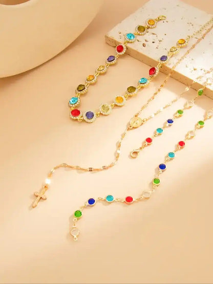 Women's Boho Style Alloy Chain Necklace Set, Boho Chic Crystal, Colorful Crystal Pendant Jewelry for Women, Casual Daily Wear & Holiday Gift Ideas
