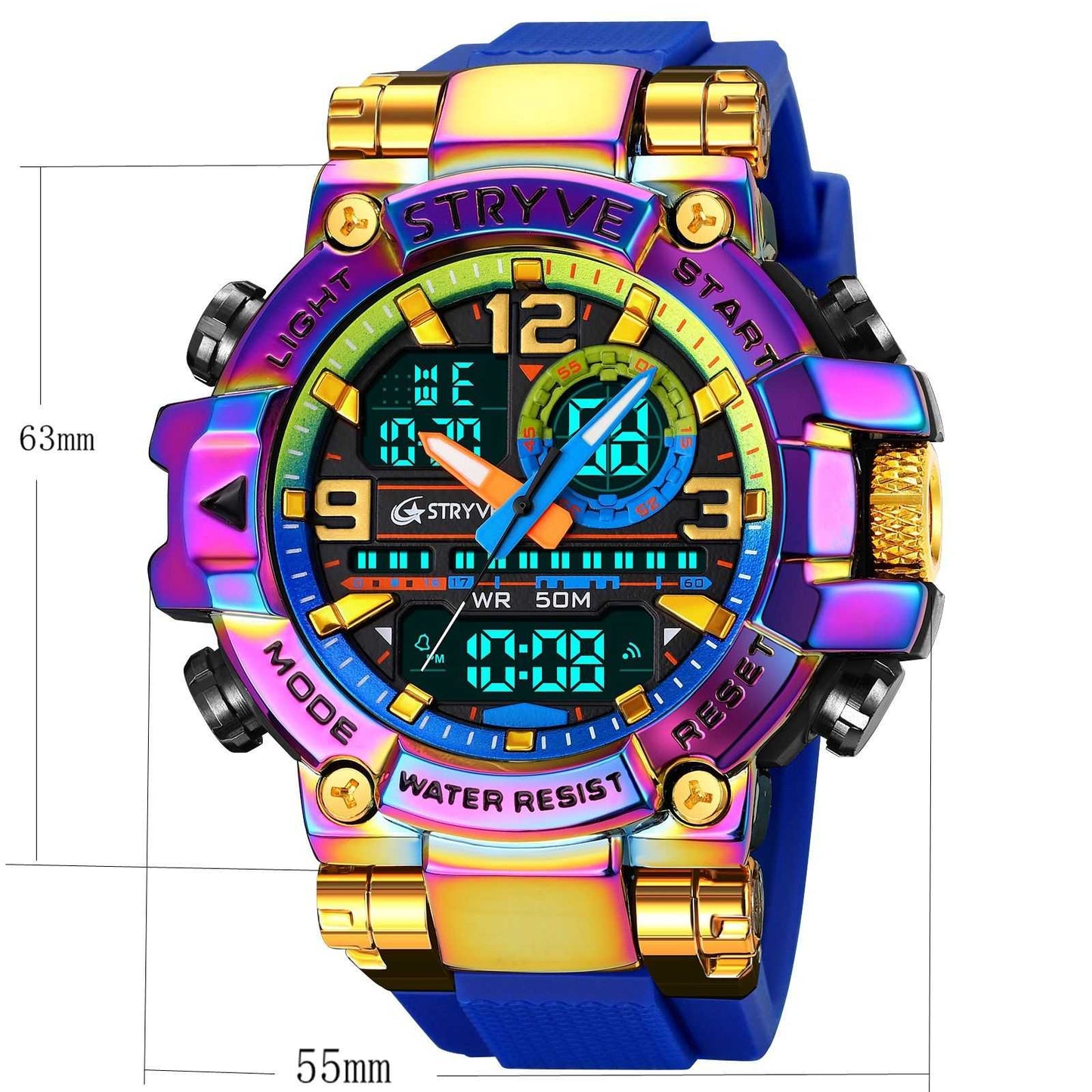 Men's Colorful Punk Style Quartz Watch – Luxury Edition. Multi-Functional Waterproof Dual Display Wristwatch, a Trendy yet Elegant Sport Watch. Presented in a Premium Gift Box – A Statement Piece for the Discerning Individual.