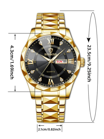 Men's Business Fashion Rhinestone Decor Analog Quartz Watch, Calendrier Waterproof Watch for Party, Daily Decor, Trendy Exquisite Watch for Birthday Gift with Box, Business Fashion Watches