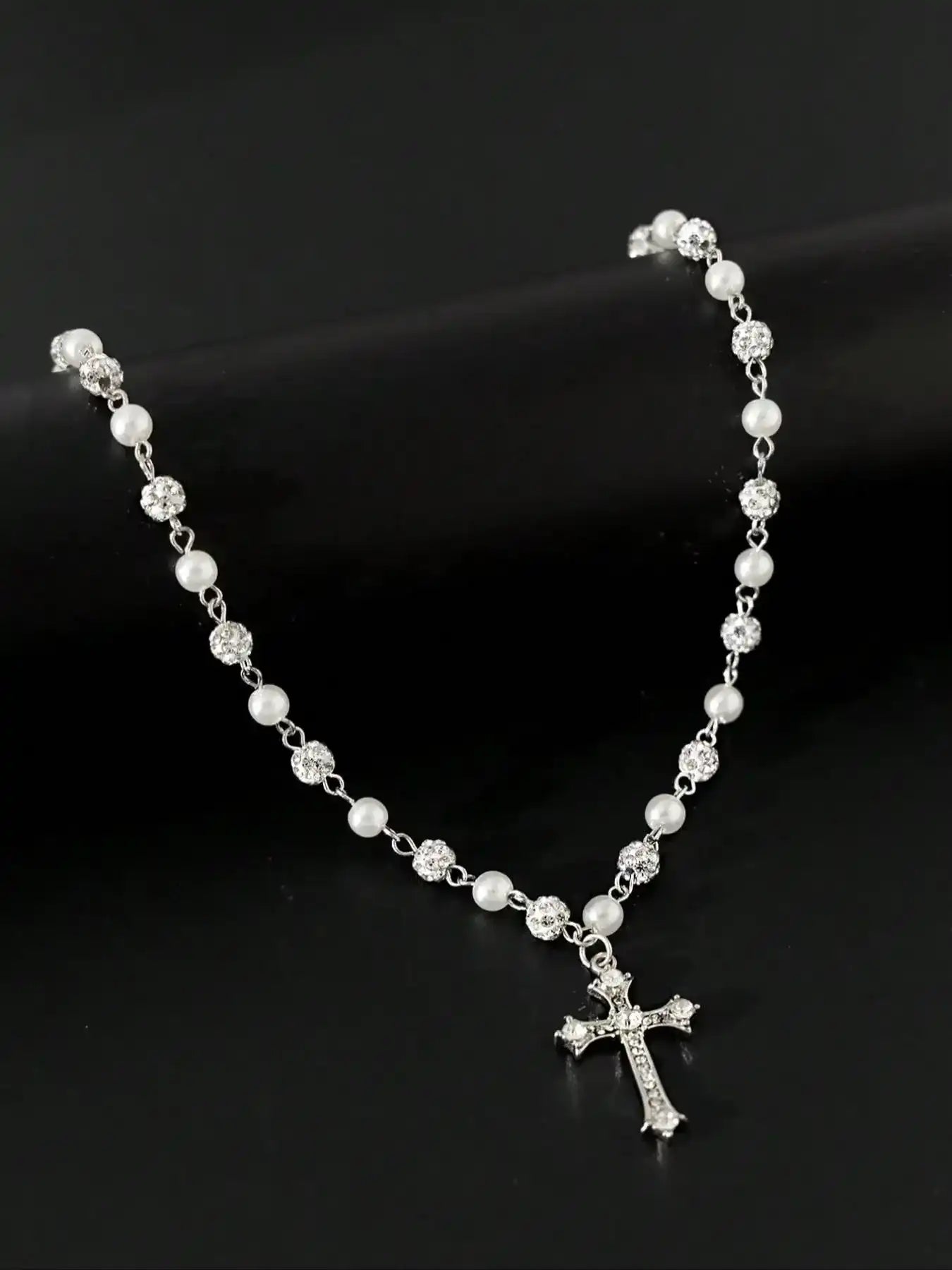 Vintage-Style Faux Pearl Necklace with Rhinestone Cross Pendant, Men's Hip Hop Punk Jewelry, Bling Faux Pearl Chain Necklace