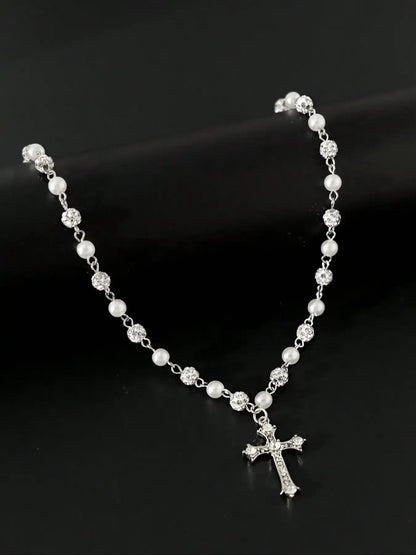 Vintage-Style Faux Pearl Necklace with Rhinestone Cross Pendant, Men's Hip Hop Punk Jewelry, Bling Faux Pearl Chain Necklace