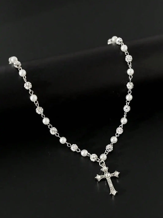 Vintage-Style Faux Pearl Necklace with Rhinestone Cross Pendant, Men's Hip Hop Punk Jewelry, Bling Faux Pearl Chain Necklace