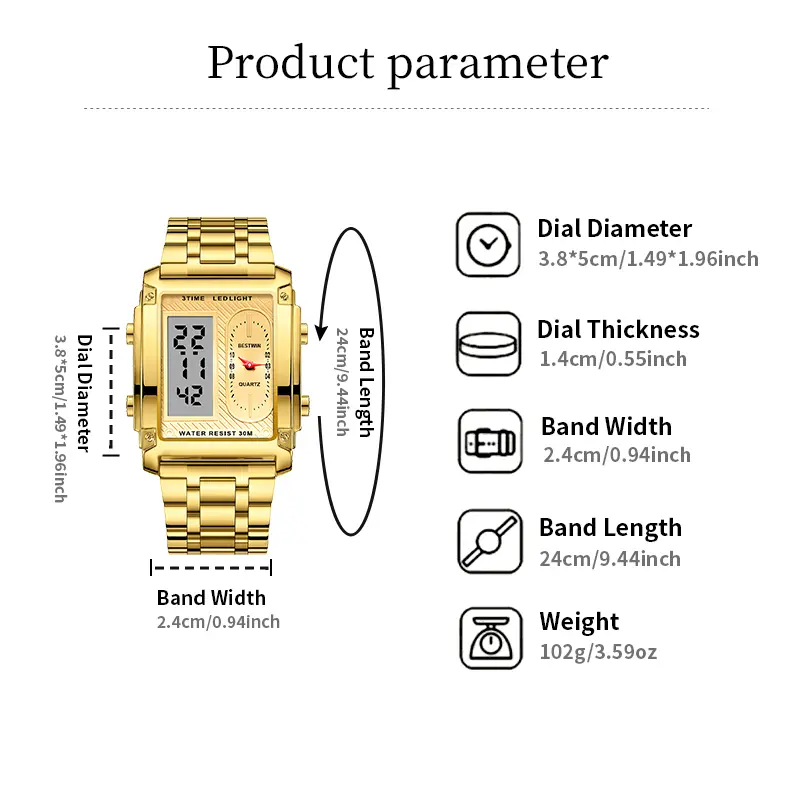 Men's square creative dual-movement multifunctional sports watch, featuring a luxurious triple-time design, water resistance, luminous dial, Exuding a minimalist aesthetic, it is elegant, durable, and the perfect choice for everyday wear. digital quart