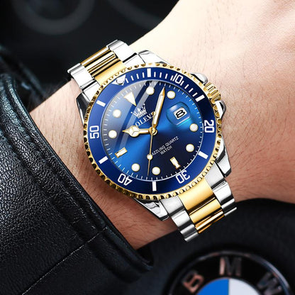 Men's Luxury Dress Watch Blue Dial 40mm Stainless Steel Band Rotating Quartz Analog Waterproof Luminous Big Face Boss Wrist Watch