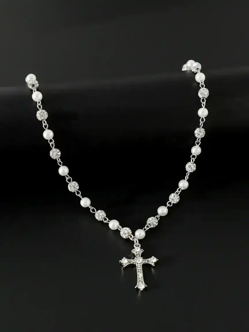 Vintage-Style Faux Pearl Necklace with Rhinestone Cross Pendant, Men's Hip Hop Punk Jewelry, Bling Faux Pearl Chain Necklace