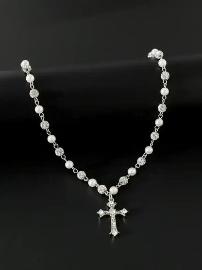 Vintage-Style Faux Pearl Necklace with Rhinestone Cross Pendant, Men's Hip Hop Punk Jewelry, Bling Faux Pearl Chain Necklace