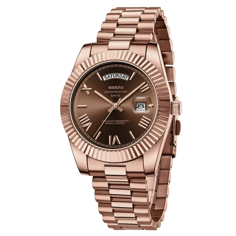 NIBOSI Men's Luxury Dress Watch 40mm rose gold Dial Stainless Steel Band Rotating Quartz Analog Waterproof Luminous Big Face Boss Wrist Watch