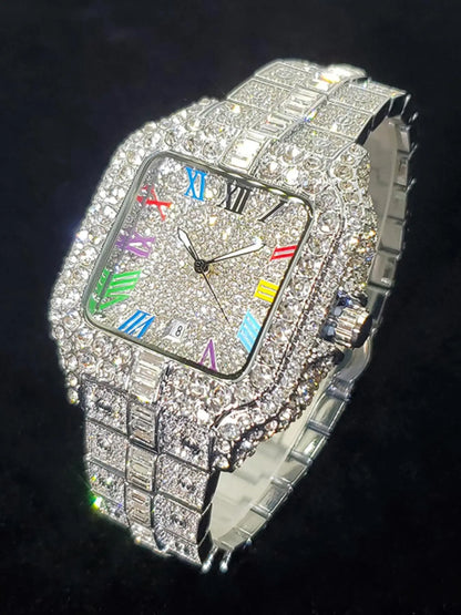 Men's Elegant Rhinestone Decorated Square Quartz Watch, Exquisite Trendy Wristwatch, Fashionable Watch for Men As Gift with Box, Elegant Square Dial, Stylish Watch, Party Fashion Watch, Stainless Steel Wristwatch